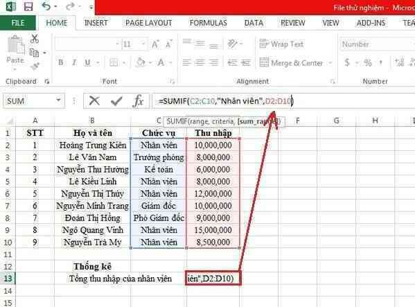 Hướng dẫn sử dụng hàm SUMIF trong Excel