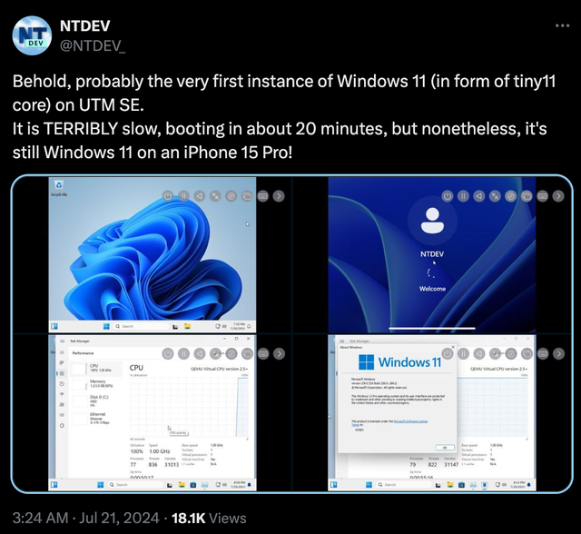 Cài đặt thành công Windows 11 lên iPhone 15 Pro: Khởi động mất... 20 phút